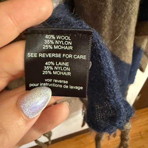 Patterson J. Kincaid | Wool / Mohair Blend Brown Navy Striped Shawl Wrap Sweater - Picture 4 of 6